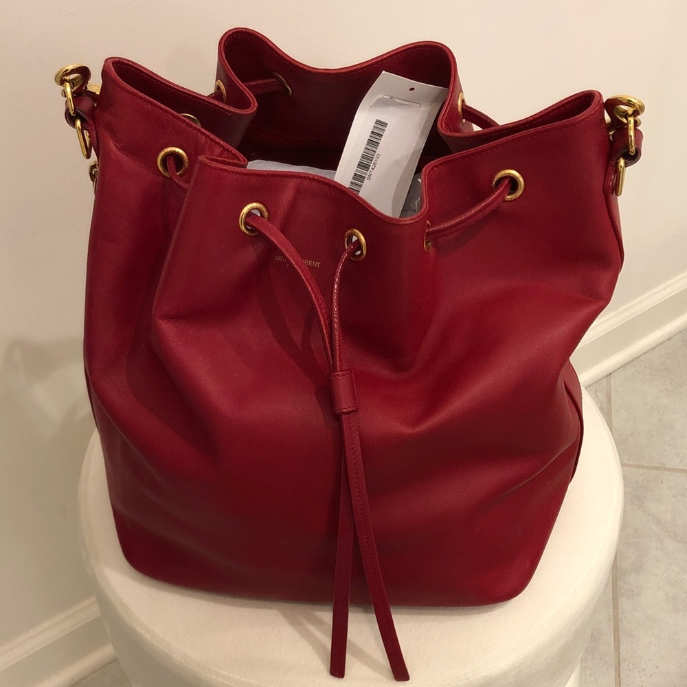 Saint Laurent Red Leather Drawstring Hobo with Gold-Tone Hardware